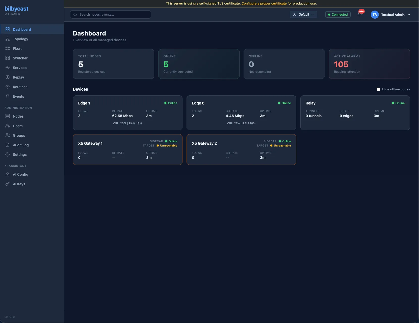 Bilbycast Manager Dashboard showing 7 managed edge nodes and relay server