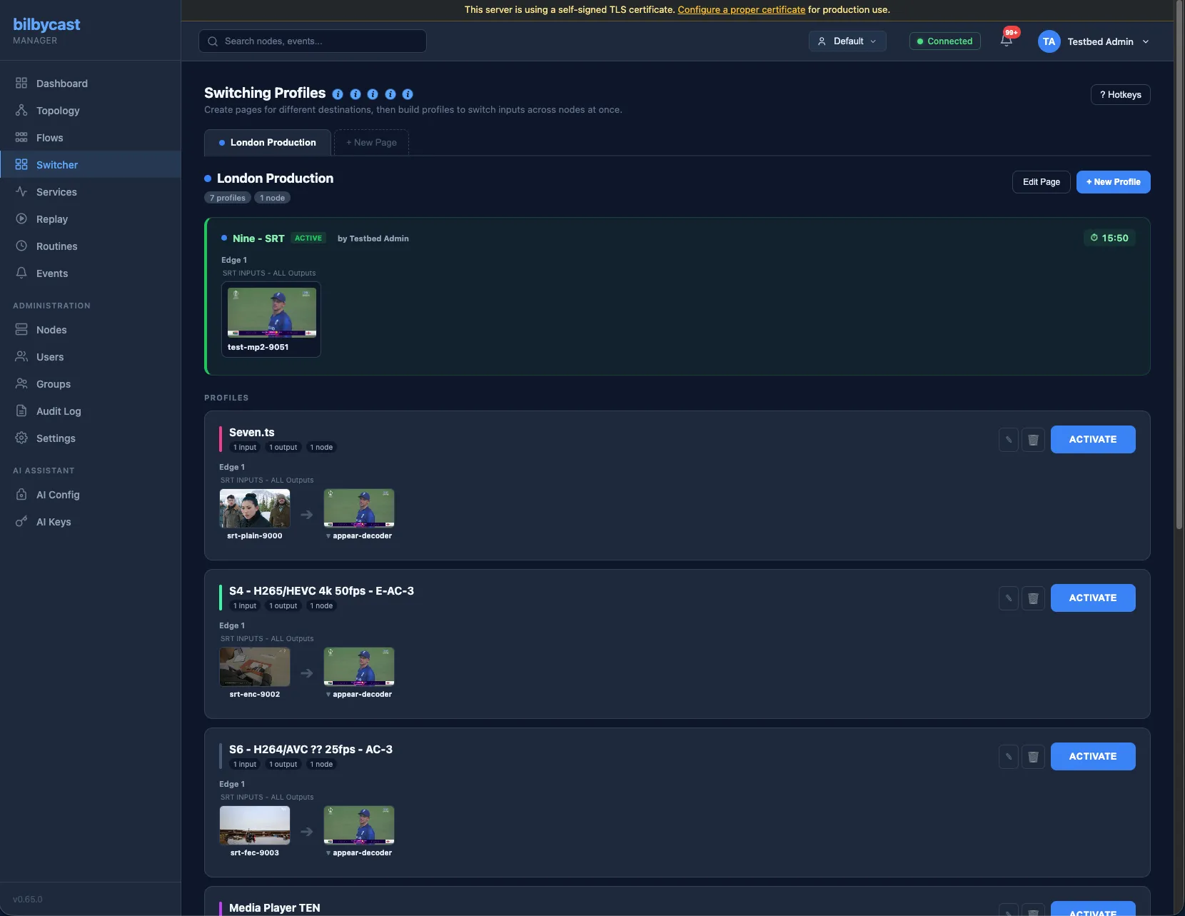 Bilbycast Live Switcher — Switching Profiles page driving every connected edge through one director console